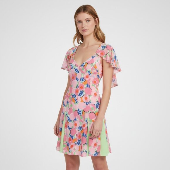 NWT Staud Chiquita Dress 0 Flutter Peach Pink Pleated Floral Fit & Flare NEW - Picture 1 of 8